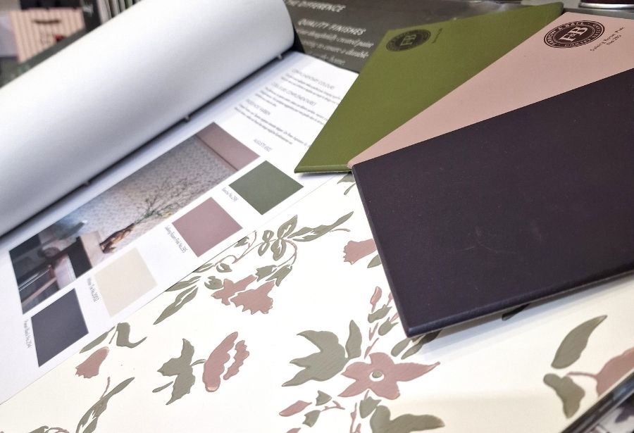 Farrow and Ball wallpaper sample books and paint colour boards